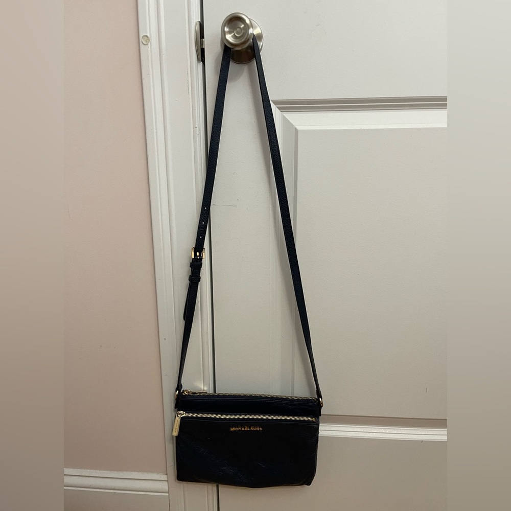 Michael Kors Navy Blue Soft Leather Pebbled Double Zip Crossbody